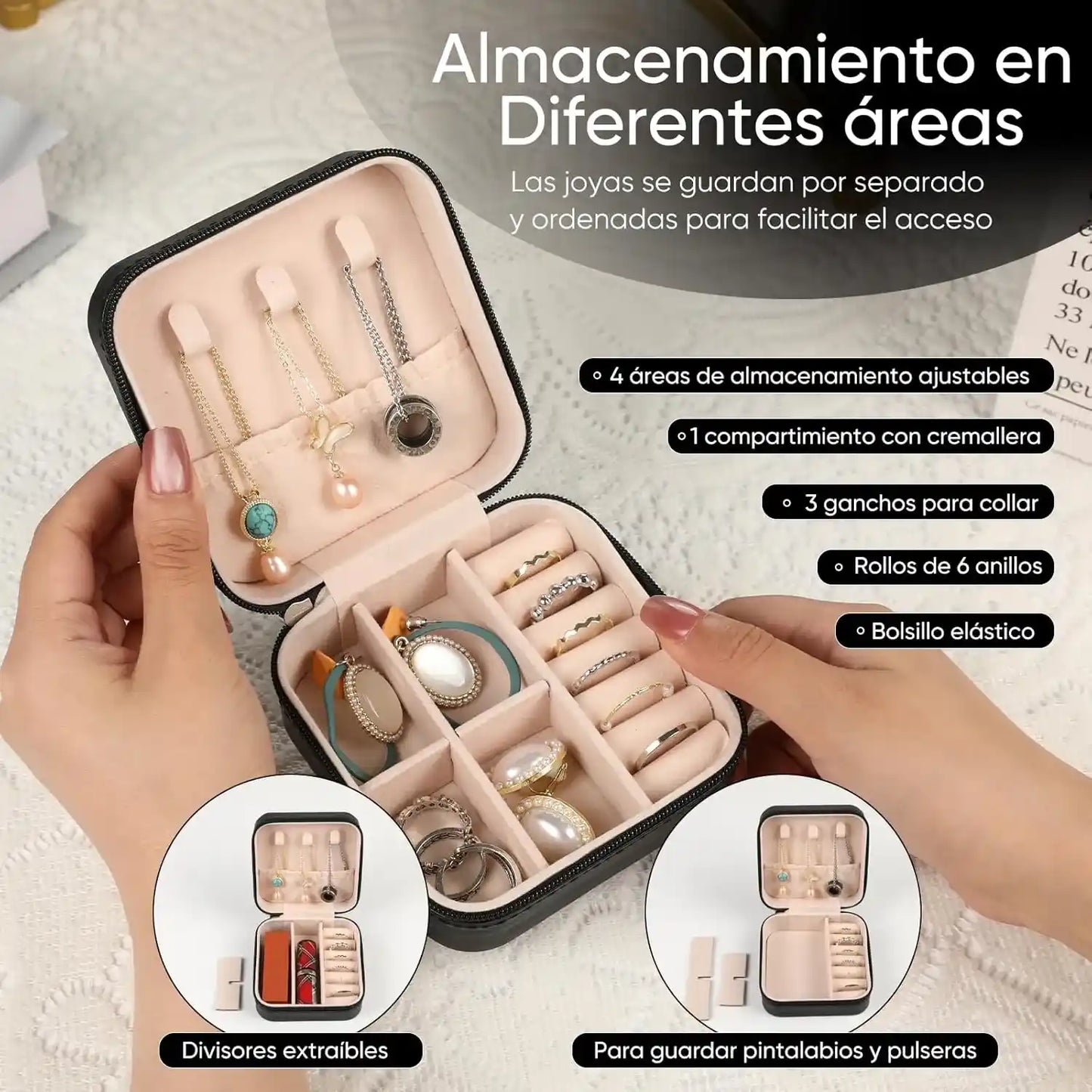 Joyero negro abierto sostenido por manos de mujer en el cual se ven joyas dentro. Se muestran las caracteristicas y beneficios del joyero, accesorios para mujer.