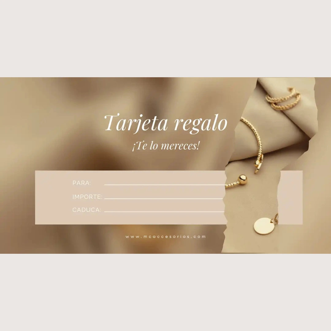 Tarjeta de regalo para aretes dorados, collares y accesorios personalizados en Colombia