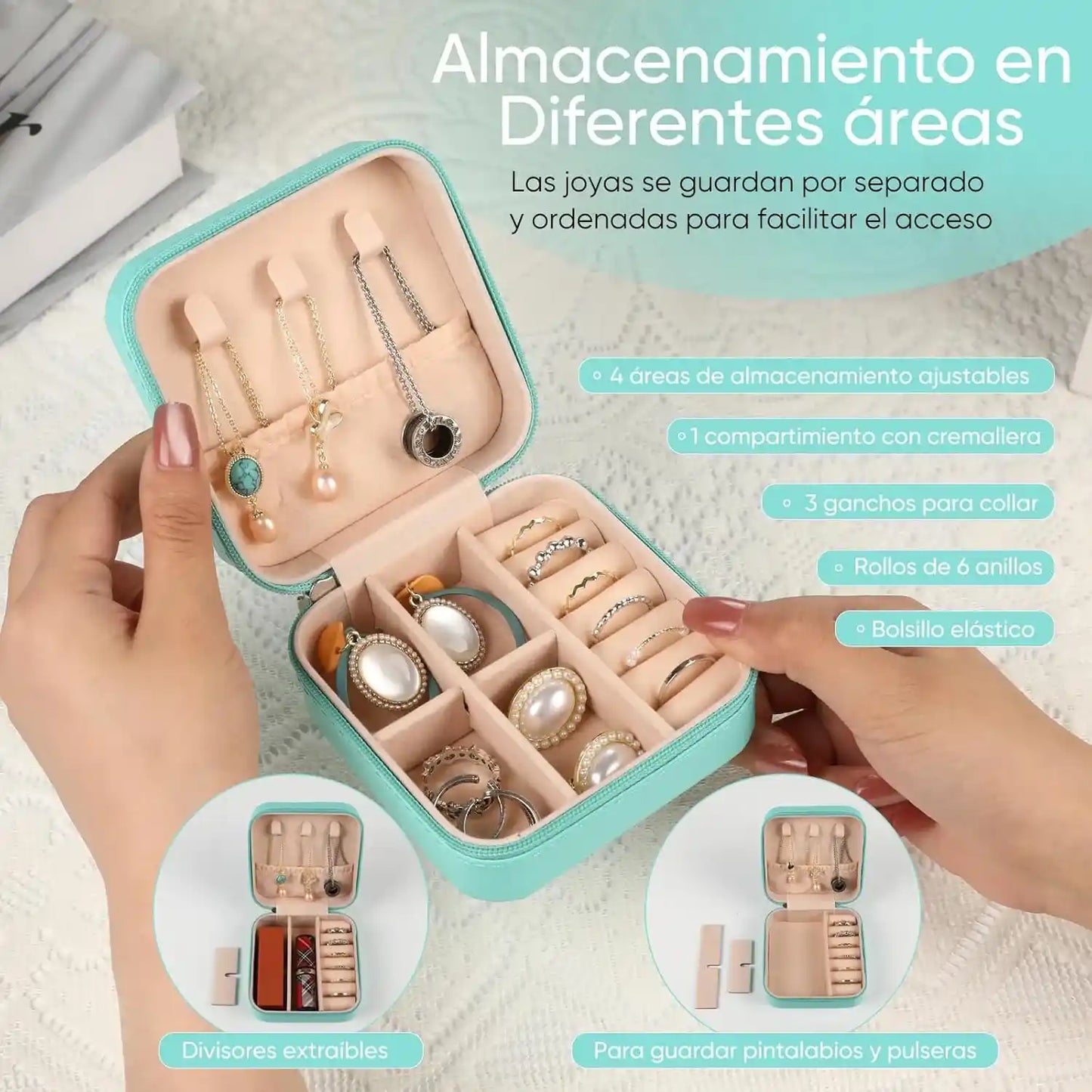 Descripcion de las funcionalidades que tiene el joyero azul tiffany mostrando todos los beneficios