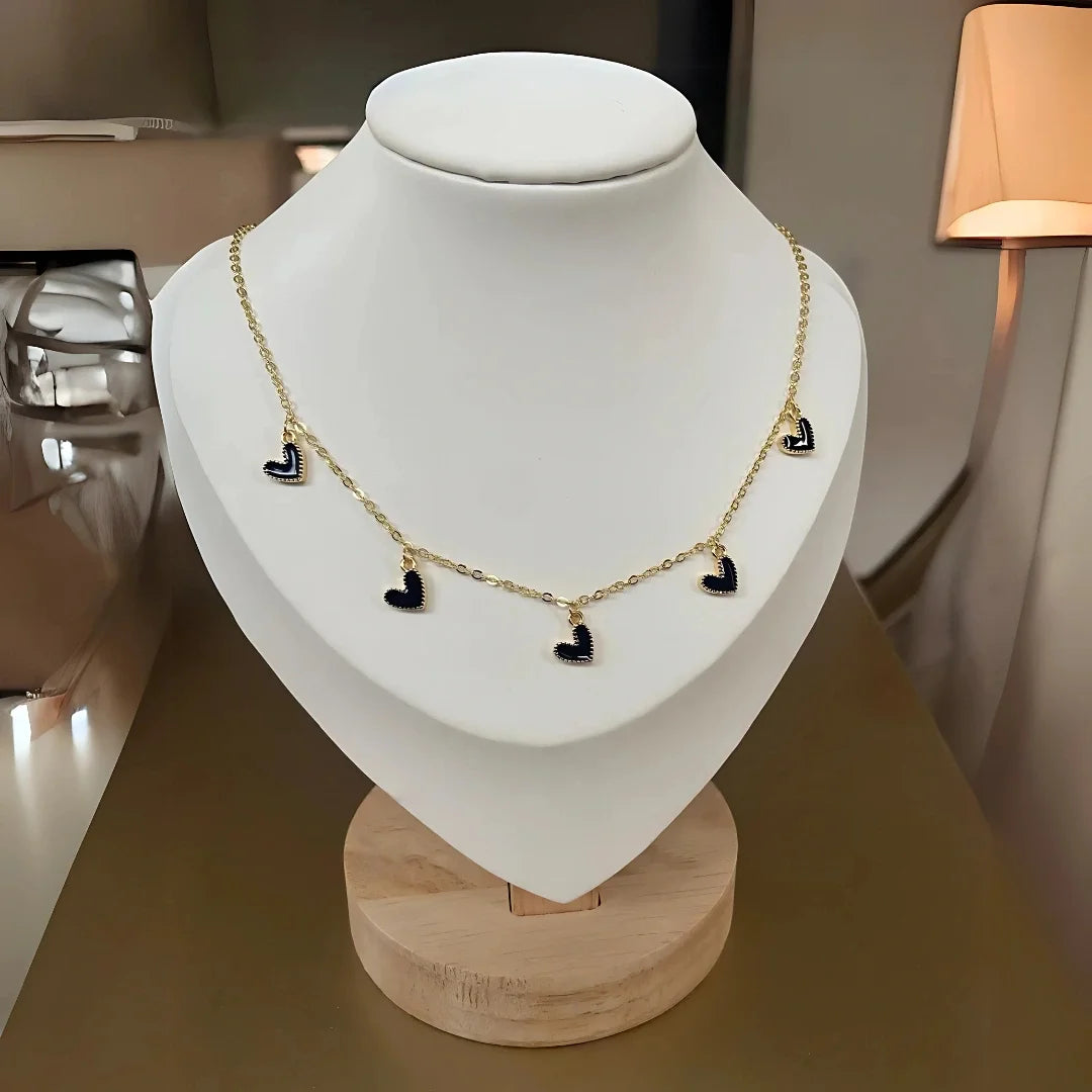 Choker corazones negros colgantes esmaltados con cadena dorada delgada de 40 cm con baño de oro 24K