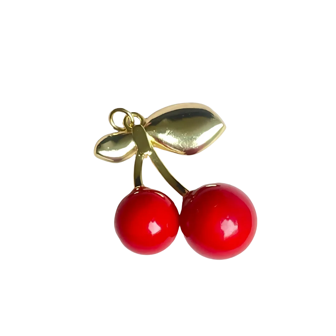 Dije grande en forma de cereza doble con hojas doradas