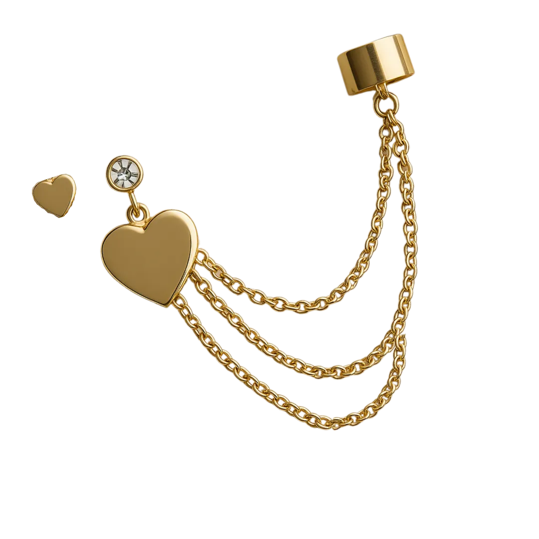 Set de topo y earcuff dorado con cadenas colgantes y corazones, accesorios para mujer juveniles y sofisticados.