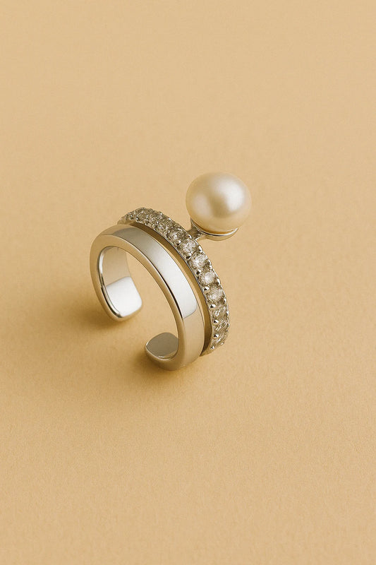Ear Cuff Plateado Piedras y Perlas