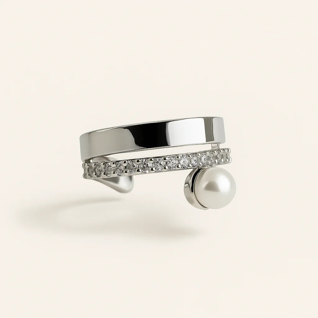 Ear Cuff Plateado Piedras y Perlas