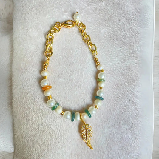 Pulsera Pluma Perlas (Rosada/Verde)