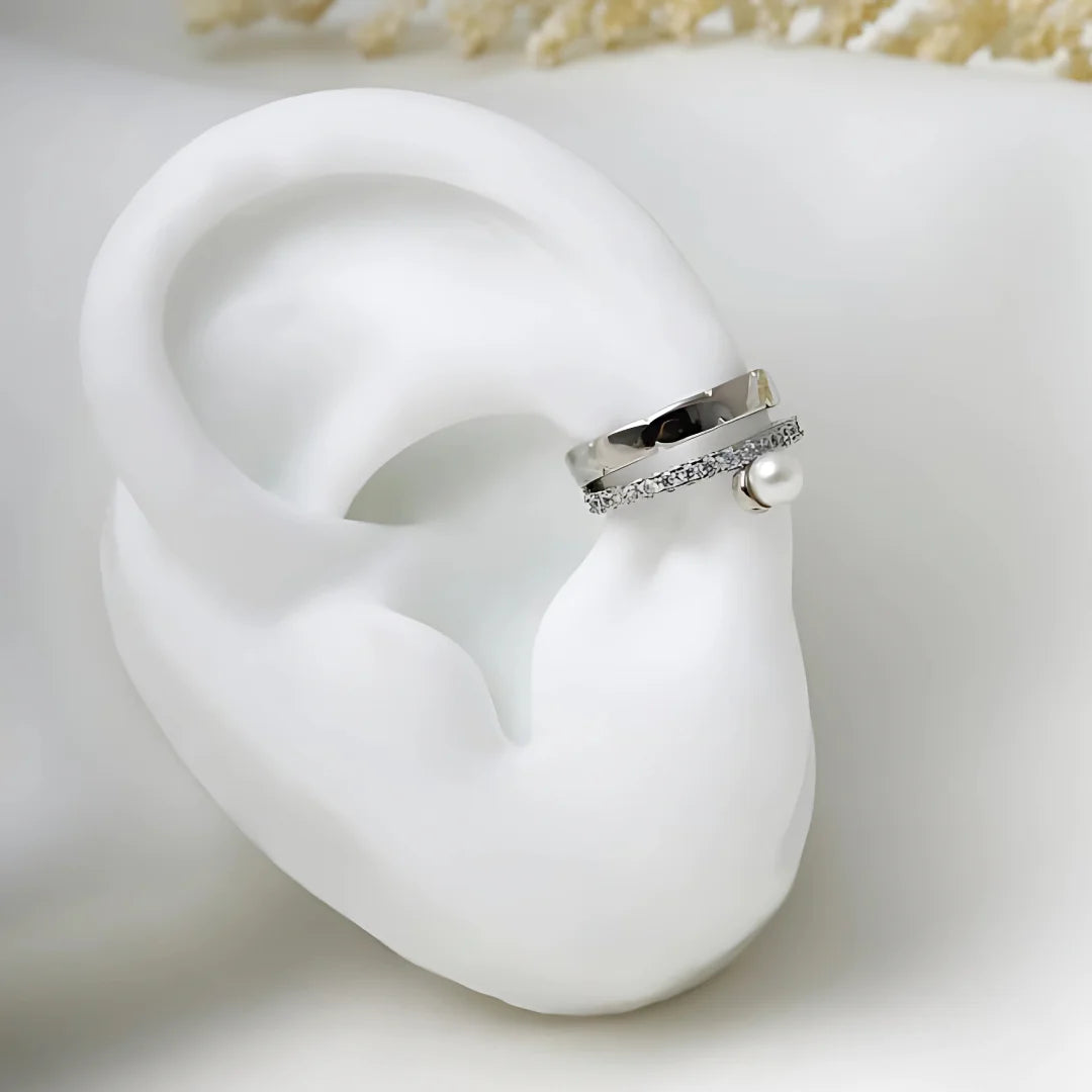Ear Cuff Plateado Piedras y Perlas
