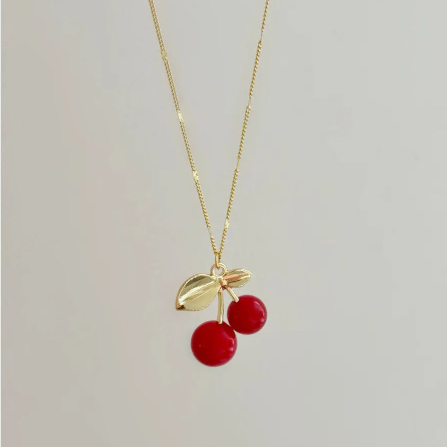 Cadena con dije de cereza grande esmaltada, collar dorado juvenil y original

