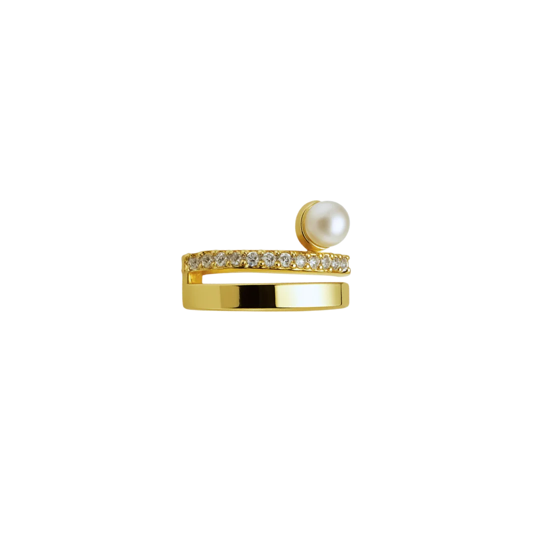 Ear cuff dorado con incrustaciones de piedras y perla

